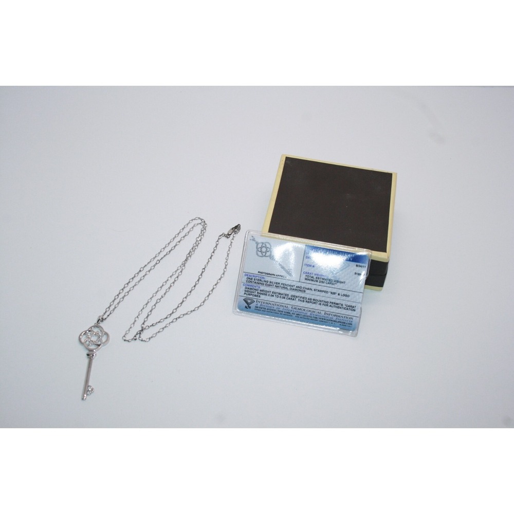 Sterling Silver Key Pendant Necklace W/ 8 Natural Diamonds IGI Certified 32"
